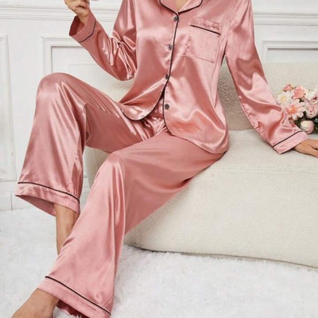 Pink Women’s Simple Daily Long-sleeve Silk Pajama Suit Set With Long Pants