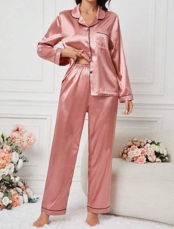 Pink Women’s Simple Daily Long-sleeve Silk Pajama Suit Set With Long Pants