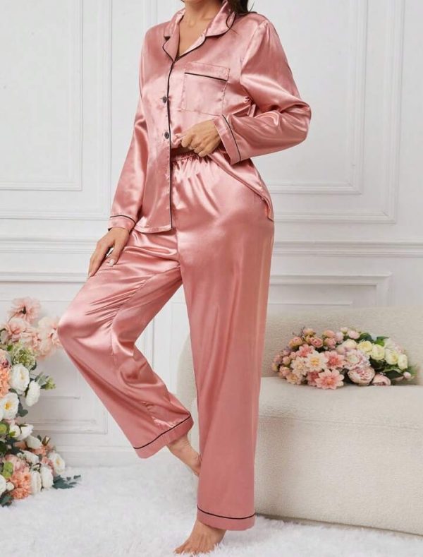 Pink Women’s Simple Daily Long-sleeve Silk Pajama Suit Set With Long Pants