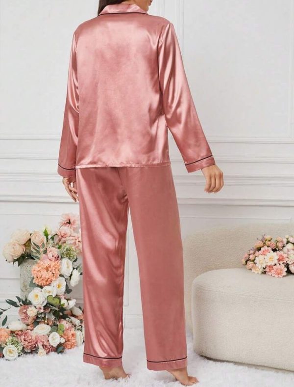 Pink Women’s Simple Daily Long-sleeve Silk Pajama Suit Set With Long Pants