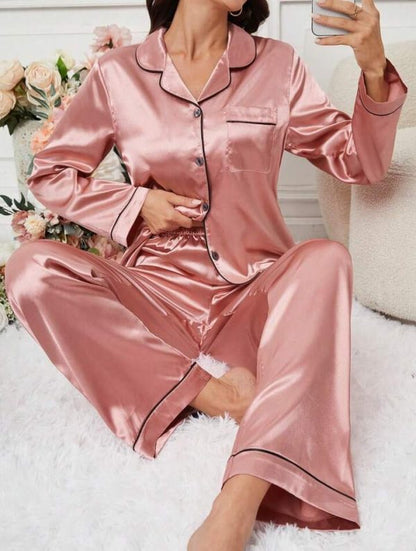 Pink Women’s Simple Daily Long-sleeve Silk Pajama Suit Set With Long Pants